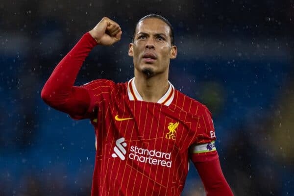 MANCHESTER, ENGLAND - Sunday, February 23, 2025: Liverpool's captain Virgil van Dijk celebrates after the FA Premier League match between Manchester City FC and Liverpool FC at the City of Manchester Stadium. Liverpool won 2-0. (Photo by David Rawcliffe/Propaganda)