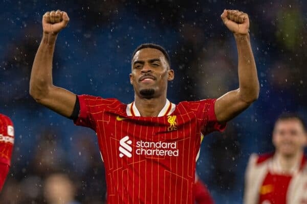 MANCHESTER, ENGLAND - Sunday, February 23, 2025: Liverpool's Ryan Gravenberch celebrates after the FA Premier League match between Manchester City FC and Liverpool FC at the City of Manchester Stadium. Liverpool won 2-0. (Photo by David Rawcliffe/Propaganda)