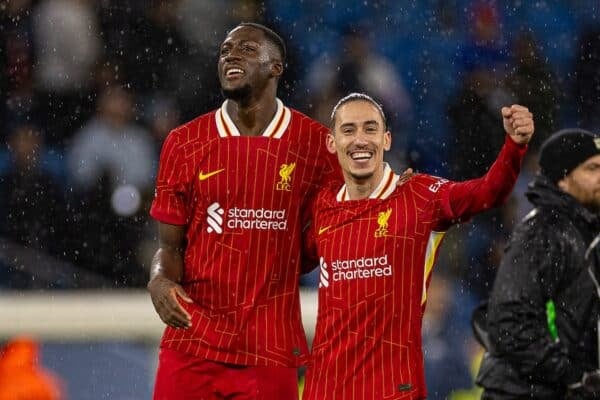 MANCHESTER, ENGLAND - Sunday, February 23, 2025: Liverpool's Ibrahima Konaté (L) and Kostas Tsimikas celebrate after the FA Premier League match between Manchester City FC and Liverpool FC at the City of Manchester Stadium. Liverpool won 2-0. (Photo by David Rawcliffe/Propaganda)