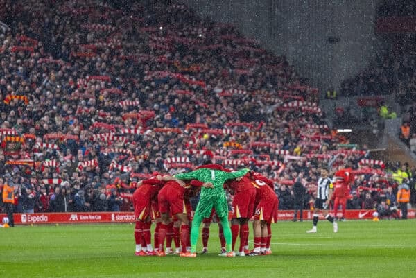 LIVERPOOL, ENGLAND - Wednesday, February 26, 2025: Liverpool players form a pre-match huddle before the FA Premier League match between Liverpool FC and Newcastle United FC at Anfield. (Photo by David Rawcliffe/Propaganda)