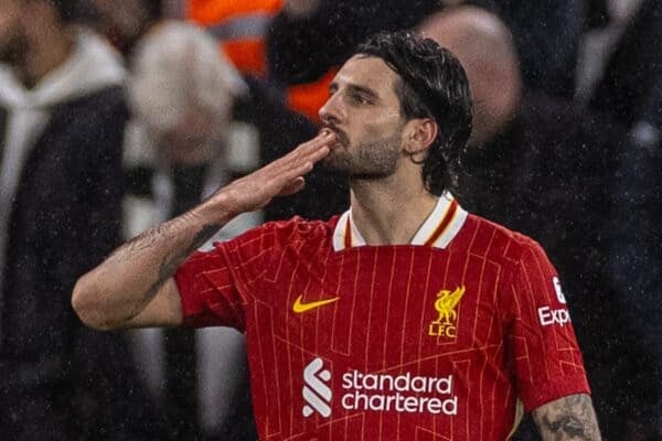 LIVERPOOL, ENGLAND - Wednesday, February 26, 2025: Liverpool's Dominik Szoboszlai celebrates after scoring the first goal during the FA Premier League match between Liverpool FC and Newcastle United FC at Anfield. (Photo by David Rawcliffe/Propaganda)