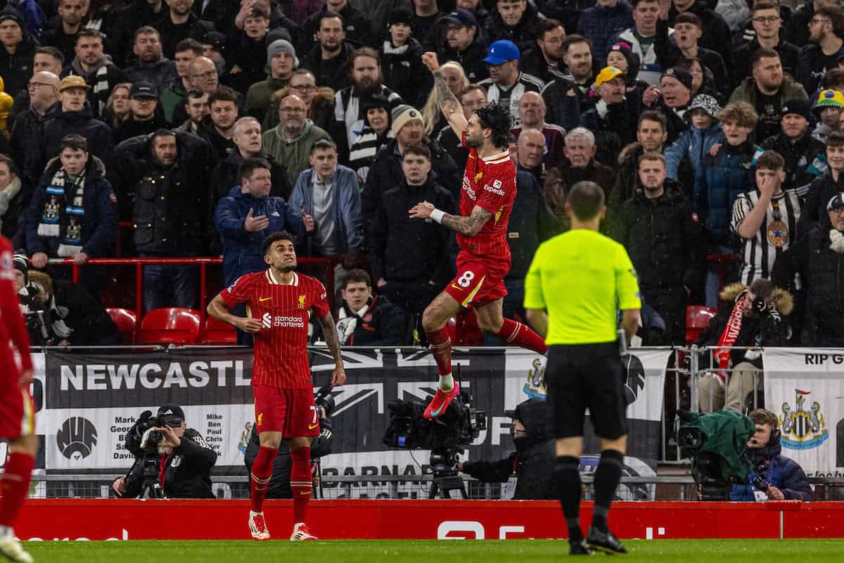 LIVERPOOL, ENGLAND - Wednesday, February 26, 2025: Liverpool's Dominik Szoboszlai celebrates after scoring the first goal during the FA Premier League match between Liverpool FC and Newcastle United FC at Anfield. (Photo by David Rawcliffe/Propaganda)