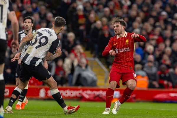 LIVERPOOL, ENGLAND - Wednesday, February 26, 2025: Liverpool's Alexis Mac Allister scores the second goal during the FA Premier League match between Liverpool FC and Newcastle United FC at Anfield. (Photo by David Rawcliffe/Propaganda)