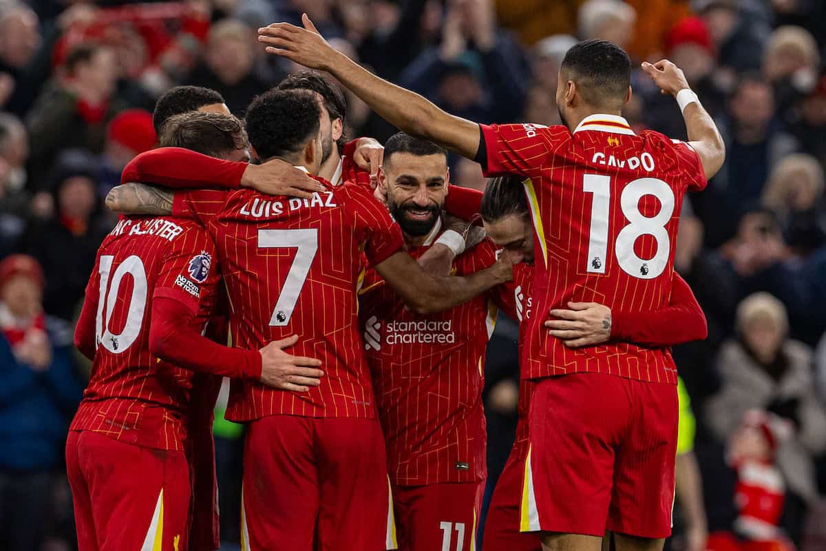 LIVERPOOL, ENGLAND - Wednesday, February 26, 2025: Liverpool's Alexis Mac Allister celebrates after scoring the second goal during the FA Premier League match between Liverpool FC and Newcastle United FC at Anfield. (Photo by David Rawcliffe/Propaganda)