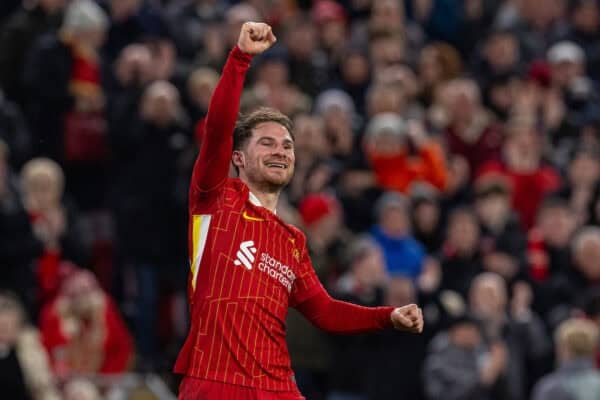 LIVERPOOL, ENGLAND - Wednesday, February 26, 2025: Liverpool's Alexis Mac Allister celebrates after scoring the second goal during the FA Premier League match between Liverpool FC and Newcastle United FC at Anfield. (Photo by David Rawcliffe/Propaganda)