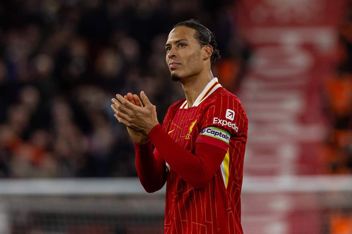 LIVERPOOL, ENGLAND - Wednesday, February 26, 2025: Liverpool's captain Virgil van Dijk celebrates after the FA Premier League match between Liverpool FC and Newcastle United FC at Anfield. Liverpool won 2-0. (Photo by David Rawcliffe/Propaganda)