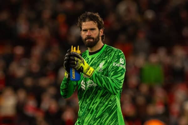 LIVERPOOL, ENGLAND - Wednesday, February 26, 2025: Liverpool's goalkeeper Alisson Becker celebrates after the FA Premier League match between Liverpool FC and Newcastle United FC at Anfield. Liverpool won 2-0. (Photo by David Rawcliffe/Propaganda)