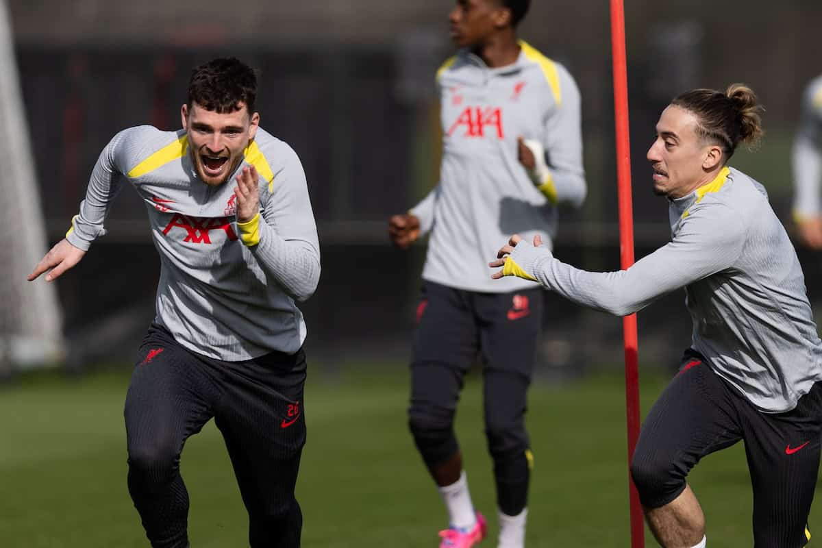 LIVERPOOL, ENGLAND - Tuesday, March 4, 2025: Liverpool's Andy Robertson (L) and Kostas Tsimikas during a training session at the AXA Training Centre ahead of the UEFA Champions League match between Paris Saint-Germain and Liverpool FC. (Photo by Jessica Hornby/Propaganda)