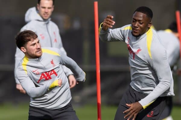 LIVERPOOL, ENGLAND - Tuesday, March 4, 2025: Liverpool's Alexis Mac Allister (L) and Ibrahima Konaté during a training session at the AXA Training Centre ahead of the UEFA Champions League match between Paris Saint-Germain and Liverpool FC. (Photo by Jessica Hornby/Propaganda)