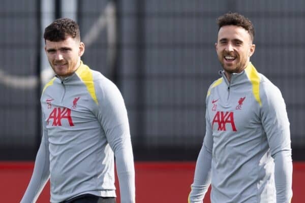 LIVERPOOL, ENGLAND - Tuesday, March 4, 2025: Liverpool's Andy Robertson (L) and Diogo Jota during a training session at the AXA Training Centre ahead of the UEFA Champions League match between Paris Saint-Germain and Liverpool FC. (Photo by Jessica Hornby/Propaganda)