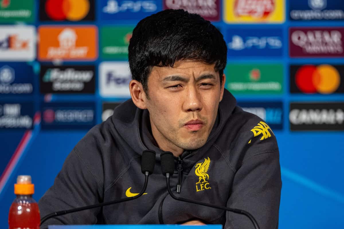 PARIS, FRANCE - Tuesday, March 4, 2025: Liverpool's Wataru End? during a press conference at Parc des Princes ahead of the UEFA Champions League Round of 16 1st Leg game between Paris Saint-Germain and Liverpool FC. (Photo by David Rawcliffe/Propaganda)