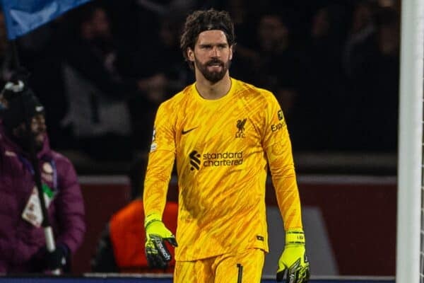 PARIS, FRANCE - Wednesday, March 5, 2025: Liverpool's goalkeeper Alisson Becker during the UEFA Champions League Round of 16 1st Leg game between Paris Saint-Germain and Liverpool FC at the Parc des Princes. (Photo by David Rawcliffe/Propaganda)