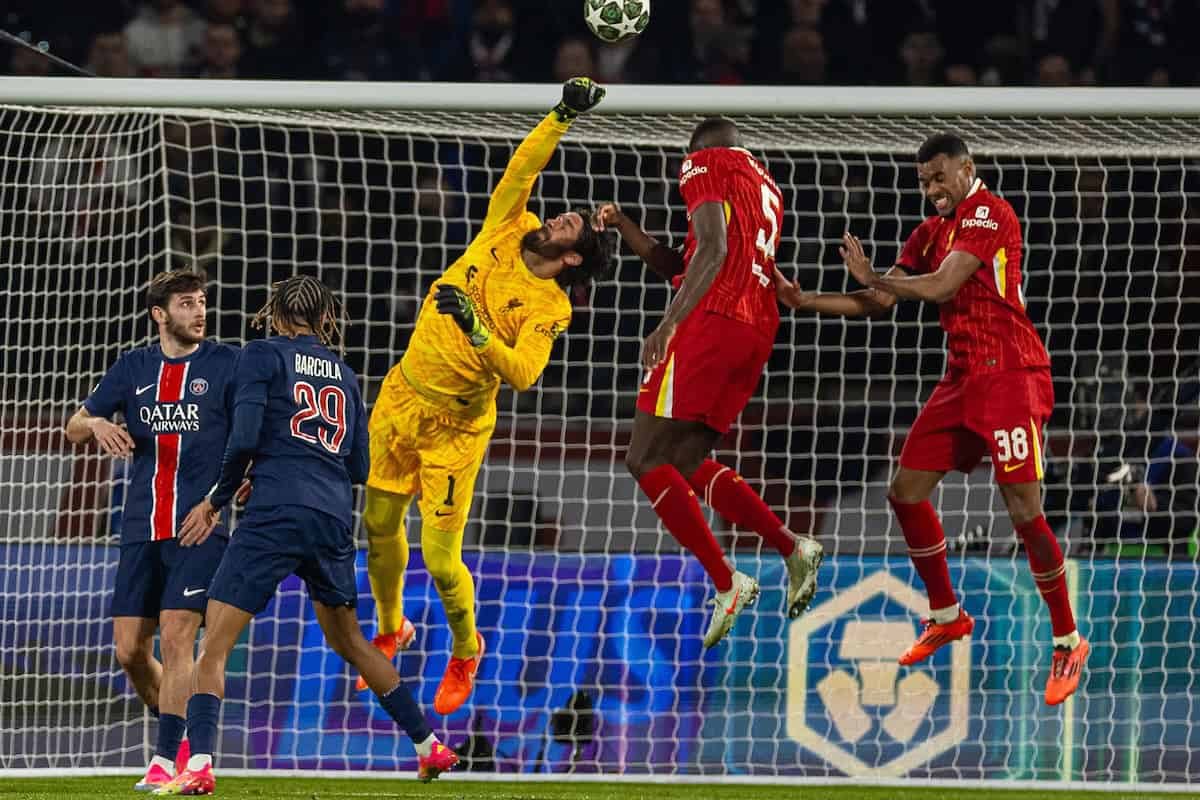 PARIS, FRANCE - Wednesday, March 5, 2025: Liverpool's goalkeeper Alisson Becker punches the ball away during the UEFA Champions League Round of 16 1st Leg game between Paris Saint-Germain and Liverpool FC at the Parc des Princes. (Photo by David Rawcliffe/Propaganda)