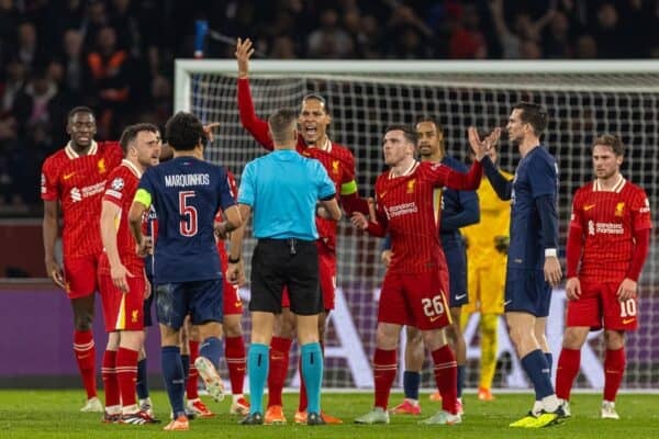 PARIS, FRANCE - Wednesday, March 5, 2025: Liverpool's captain Virgil van Dijk and Andy Robertson complain to referee Davide Massa during the UEFA Champions League Round of 16 1st Leg game between Paris Saint-Germain and Liverpool FC at the Parc des Princes. (Photo by David Rawcliffe/Propaganda)