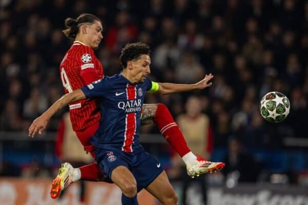 PARIS, FRANCE - Wednesday, March 5, 2025: Liverpool's Ibrahima Konaté is challenged by Paris Saint-Germain's Marcos Aoás Corrêa 'Marquinhos' during the UEFA Champions League Round of 16 1st Leg game between Paris Saint-Germain and Liverpool FC at the Parc des Princes. (Photo by David Rawcliffe/Propaganda)