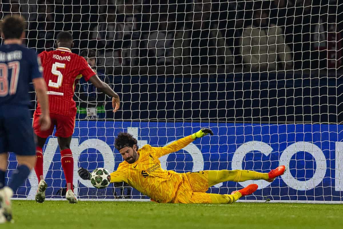 PARIS, FRANCE - Wednesday, March 5, 2025: Liverpool's goalkeeper Alisson Becker makes a save during the UEFA Champions League Round of 16 1st Leg game between Paris Saint-Germain and Liverpool FC at the Parc des Princes. (Photo by David Rawcliffe/Propaganda)