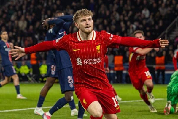 PARIS, FRANCE - Wednesday, March 5, 2025: Liverpool's Harvey Elliott celebrates after scoring the first goal during the UEFA Champions League Round of 16 1st Leg game between Paris Saint-Germain and Liverpool FC at the Parc des Princes. (Photo by David Rawcliffe/Propaganda)