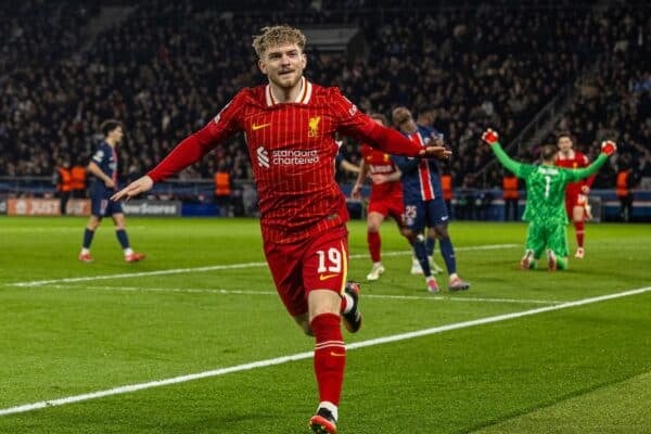 PARIS, FRANCE - Wednesday, March 5, 2025: Liverpool's Harvey Elliott celebrates after scoring the first goal during the UEFA Champions League Round of 16 1st Leg game between Paris Saint-Germain and Liverpool FC at the Parc des Princes. (Photo by David Rawcliffe/Propaganda)