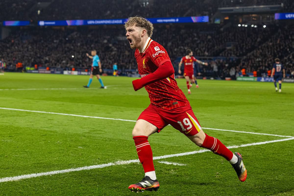 PARIS, FRANCE - Wednesday, March 5, 2025: Liverpool's Harvey Elliott celebrates after scoring the first goal during the UEFA Champions League Round of 16 1st Leg game between Paris Saint-Germain and Liverpool FC at the Parc des Princes. (Photo by David Rawcliffe/Propaganda)