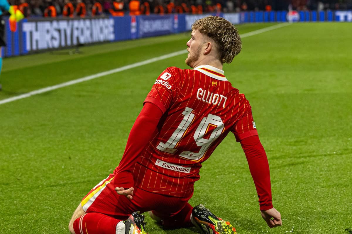 PARIS, FRANCE - Wednesday, March 5, 2025: Liverpool's Harvey Elliott celebrates after scoring the first goal during the UEFA Champions League Round of 16 1st Leg game between Paris Saint-Germain and Liverpool FC at the Parc des Princes. (Photo by David Rawcliffe/Propaganda)