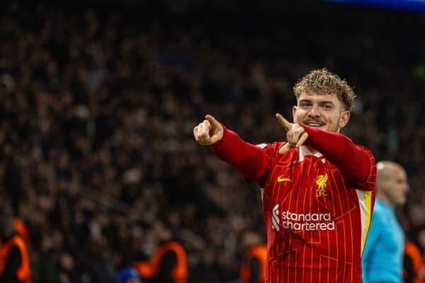 PARIS, FRANCE - Wednesday, March 5, 2025: Liverpool's Harvey Elliott celebrates after scoring the first goal during the UEFA Champions League Round of 16 1st Leg game between Paris Saint-Germain and Liverpool FC at the Parc des Princes. (Photo by David Rawcliffe/Propaganda)