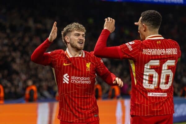 PARIS, FRANCE - Wednesday, March 5, 2025: Liverpool's Harvey Elliott celebrates after scoring the first goal during the UEFA Champions League Round of 16 1st Leg game between Paris Saint-Germain and Liverpool FC at the Parc des Princes. (Photo by David Rawcliffe/Propaganda)