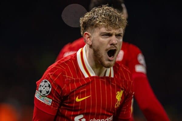 PARIS, FRANCE - Wednesday, March 5, 2025: Liverpool's Harvey Elliott celebrates after scoring the first goal during the UEFA Champions League Round of 16 1st Leg game between Paris Saint-Germain and Liverpool FC at the Parc des Princes. (Photo by David Rawcliffe/Propaganda)