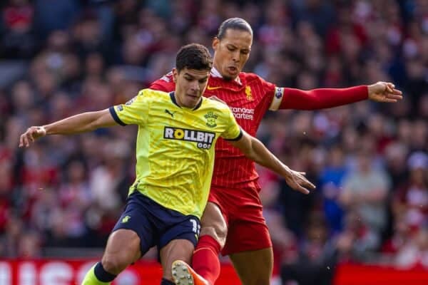 LIVERPOOL, ENGLAND - Saturday, March 8, 2025: Liverpool's captain Virgil van Dijk (R) challenges Southampton's Mateus Fernandes during the FA Premier League match between Liverpool FC and Southampton FC at Anfield. (Photo by David Rawcliffe/Propaganda)