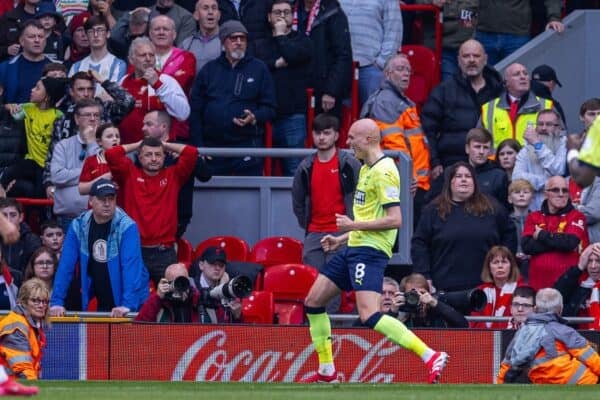 LIVERPOOL, ENGLAND - Saturday, March 8, 2025: Southampton's Will Smallbone (C) celebrates after scoring the first goal during the FA Premier League match between Liverpool FC and Southampton FC at Anfield. (Photo by David Rawcliffe/Propaganda)