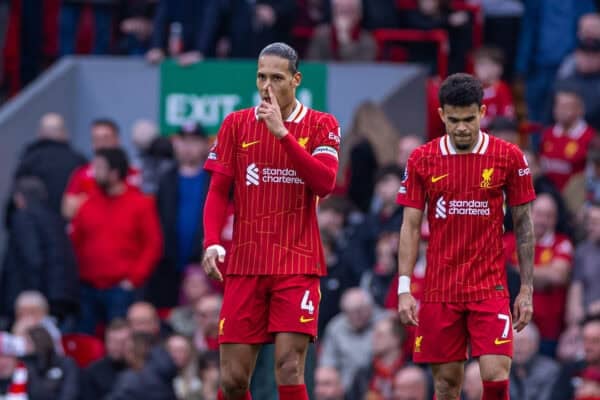 LIVERPOOL, ENGLAND - Saturday, March 8, 2025: Liverpool's captain Virgil van Dijk (L) and Luis Díaz react as Southampton score the opening goal during the FA Premier League match between Liverpool FC and Southampton FC at Anfield. (Photo by David Rawcliffe/Propaganda)