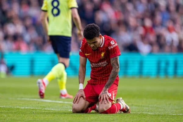 LIVERPOOL, ENGLAND - Saturday, March 8, 2025: Liverpool's Luis Díaz reacts after missing a chance during the FA Premier League match between Liverpool FC and Southampton FC at Anfield. (Photo by David Rawcliffe/Propaganda)