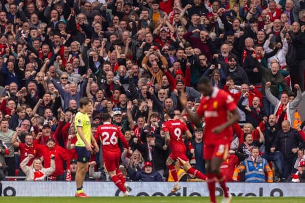 LIVERPOOL, ENGLAND - Saturday, March 8, 2025: Liverpool's Darwin Núñez celebrates after scoring his side's first equalising goal during the FA Premier League match between Liverpool FC and Southampton FC at Anfield. (Photo by David Rawcliffe/Propaganda)