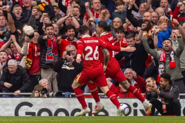 LIVERPOOL, ENGLAND - Saturday, March 8, 2025: Liverpool's Darwin Núñez celebrates after scoring his side's first equalising goal during the FA Premier League match between Liverpool FC and Southampton FC at Anfield. (Photo by David Rawcliffe/Propaganda)