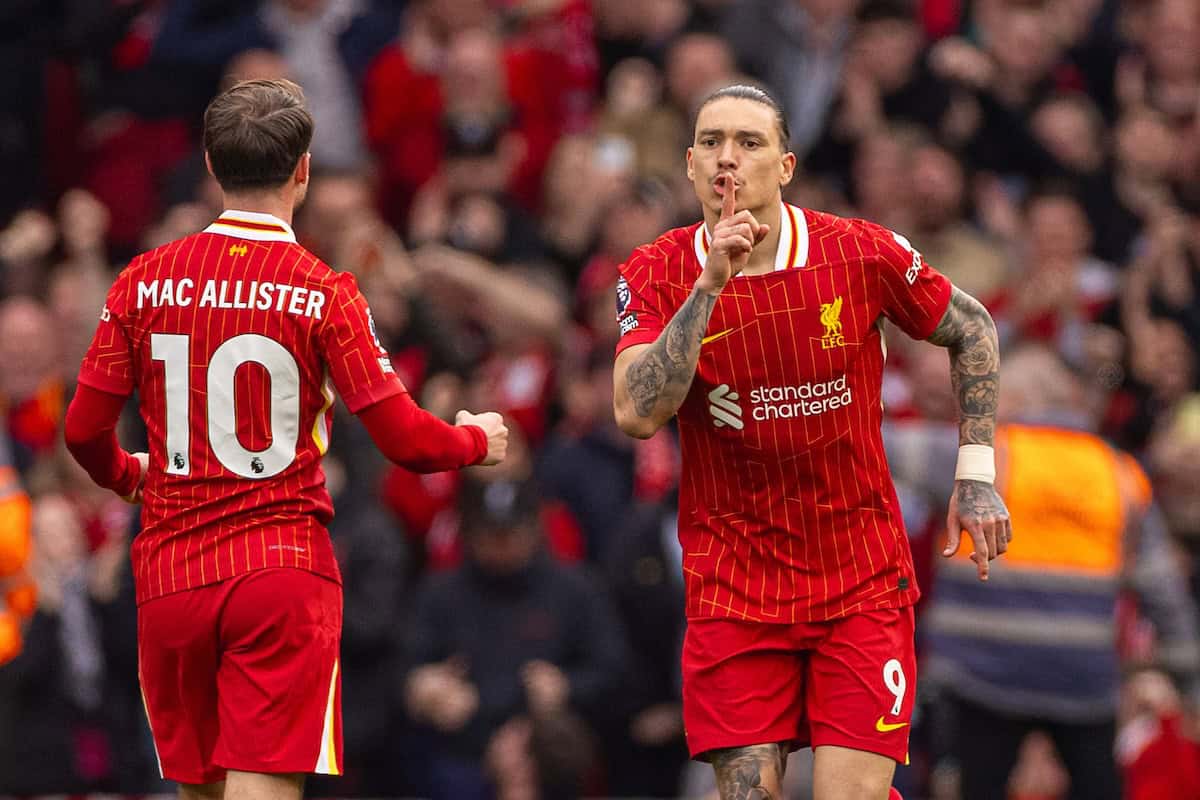 LIVERPOOL, ENGLAND - Saturday, March 8, 2025: Liverpool's Darwin Núñez celebrates after scoring his side's first equalising goal during the FA Premier League match between Liverpool FC and Southampton FC at Anfield. (Photo by David Rawcliffe/Propaganda)