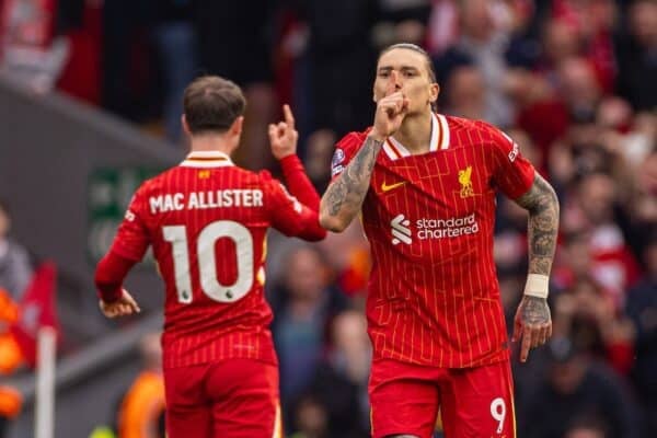 LIVERPOOL, ENGLAND - Saturday, March 8, 2025: Liverpool's Darwin Núñez celebrates after scoring his side's first equalising goal during the FA Premier League match between Liverpool FC and Southampton FC at Anfield. (Photo by David Rawcliffe/Propaganda)