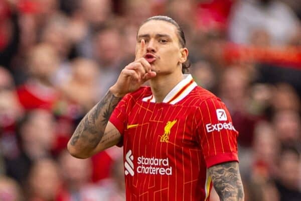 LIVERPOOL, ENGLAND - Saturday, March 8, 2025: Liverpool's Darwin Núñez celebrates after scoring his side's first equalising goal during the FA Premier League match between Liverpool FC and Southampton FC at Anfield. (Photo by David Rawcliffe/Propaganda)