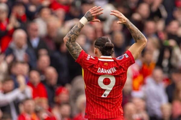 LIVERPOOL, ENGLAND - Saturday, March 8, 2025: Liverpool's Darwin Núñez celebrates after scoring his side's first equalising goal during the FA Premier League match between Liverpool FC and Southampton FC at Anfield. (Photo by David Rawcliffe/Propaganda)