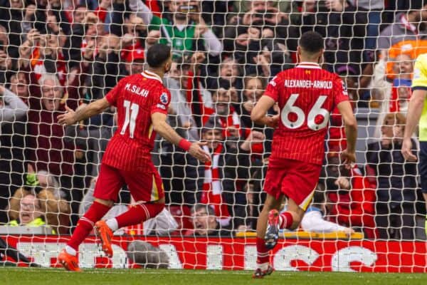 LIVERPOOL, ENGLAND - Saturday, March 8, 2025: Liverpool's Mohamed Salah celebrates after scoring his side's second goal, from a penalty kick, during the FA Premier League match between Liverpool FC and Southampton FC at Anfield. (Photo by David Rawcliffe/Propaganda)