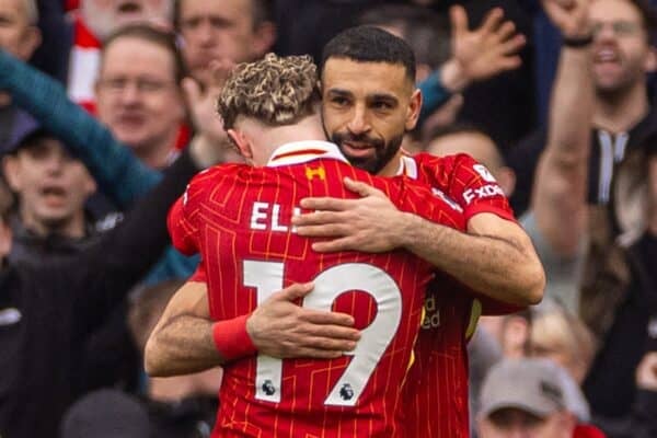  Liverpool's Mohamed Salah celebrates after scoring his side's second goal, from a penalty kick, during the FA Premier League match between Liverpool FC and Southampton FC at Anfield. (Photo by David Rawcliffe/Propaganda)