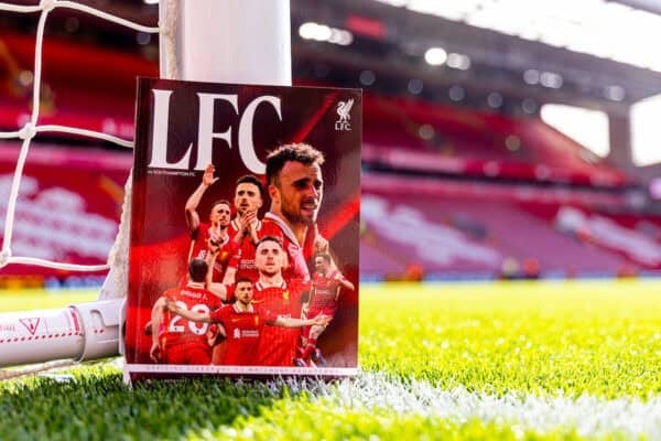 LIVERPOOL, ENGLAND - Saturday, March 8, 2025: Liverpool's Diogo Jota featured on the cover of the official matchday programme seen before the FA Premier League match between Liverpool FC and Southampton FC at Anfield. (Photo by David Rawcliffe/Propaganda)