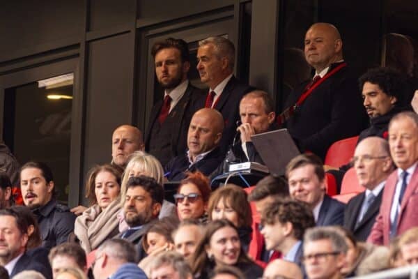  Liverpool's head coach Arne Slot (L) and first assistant coach Sipke Hulshoff watch from the stands as they serve the second of a two-match touchline suspension during the FA Premier League match between Liverpool FC and Southampton FC at Anfield. (Photo by David Rawcliffe/Propaganda)