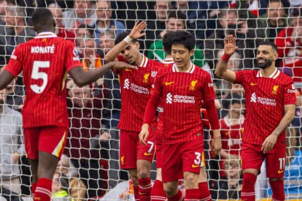 LIVERPOOL, ENGLAND - Saturday, March 8, 2025: Liverpool's Mohamed Salah celebrates after scoring the third goal, from a penalty kick, during the FA Premier League match between Liverpool FC and Southampton FC at Anfield. (Photo by David Rawcliffe/Propaganda)