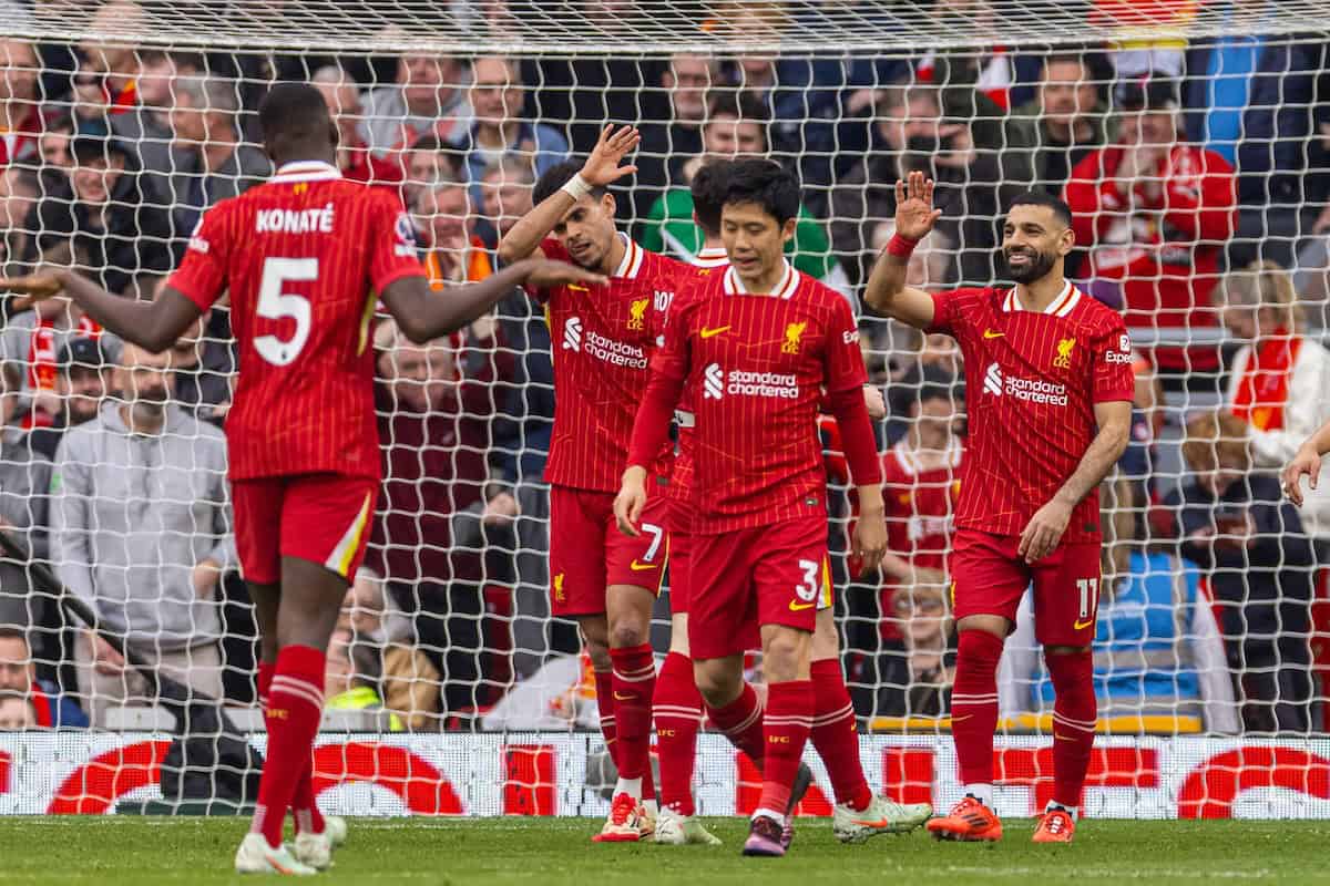 LIVERPOOL, ENGLAND - Saturday, March 8, 2025: Liverpool's Mohamed Salah celebrates after scoring the third goal, from a penalty kick, during the FA Premier League match between Liverpool FC and Southampton FC at Anfield. (Photo by David Rawcliffe/Propaganda)