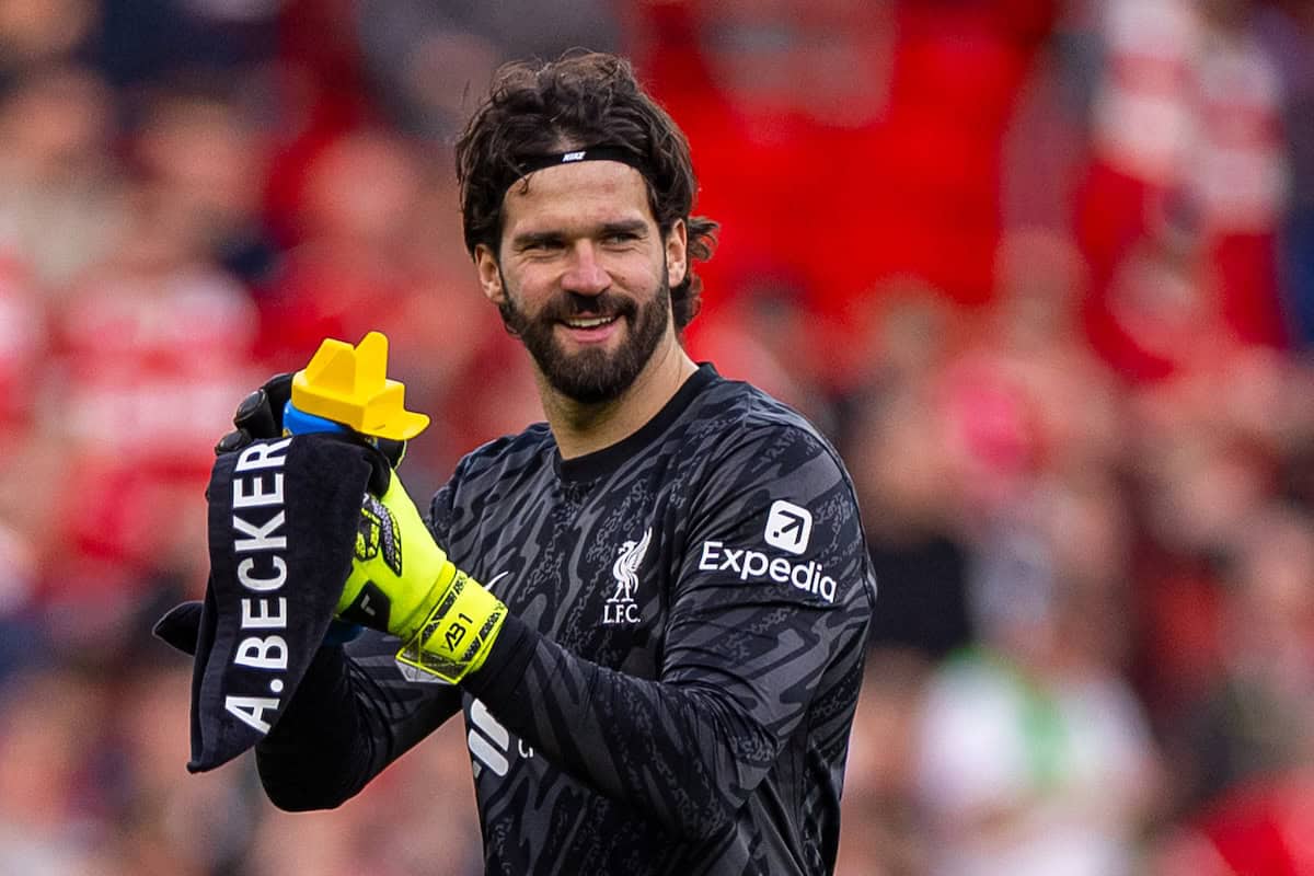 LIVERPOOL, ENGLAND - Saturday, March 8, 2025: Liverpool's goalkeeper Alisson Becker celebrates after the FA Premier League match between Liverpool FC and Southampton FC at Anfield. (Photo by David Rawcliffe/Propaganda)