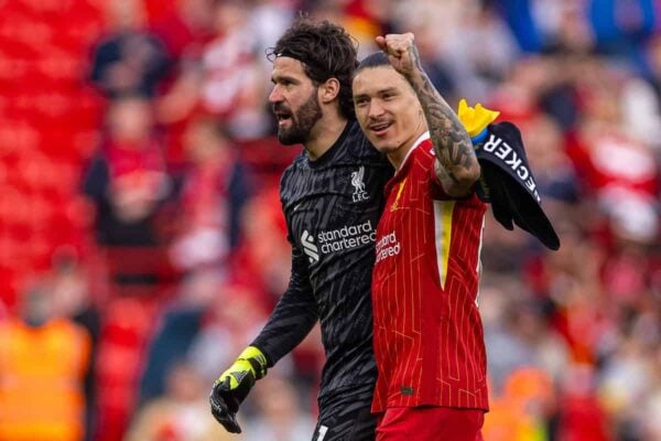  Liverpool's goalkeeper Alisson Becker (L) and Darwin Núñez celebrate after the FA Premier League match between Liverpool FC and Southampton FC at Anfield. (Photo by David Rawcliffe/Propaganda)