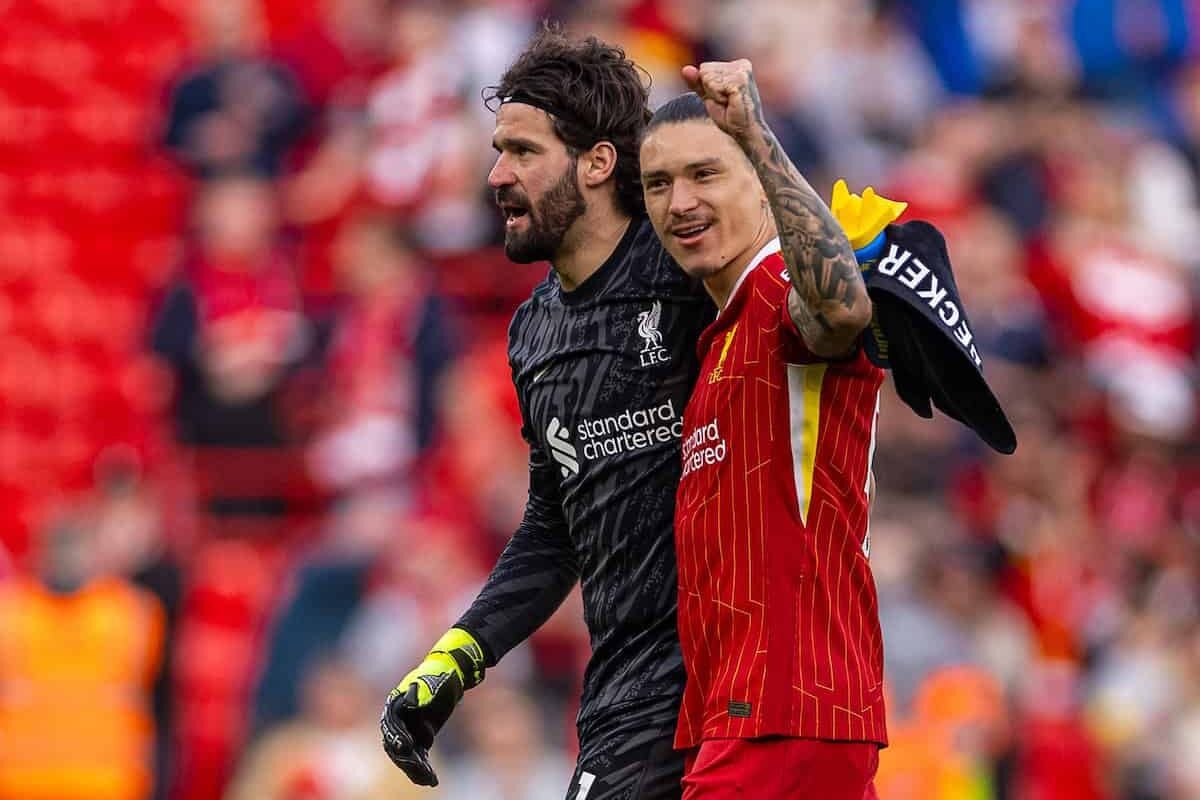 LIVERPOOL, ENGLAND - Saturday, March 8, 2025: Liverpool's goalkeeper Alisson Becker (L) and Darwin Núñez celebrate after the FA Premier League match between Liverpool FC and Southampton FC at Anfield. (Photo by David Rawcliffe/Propaganda)