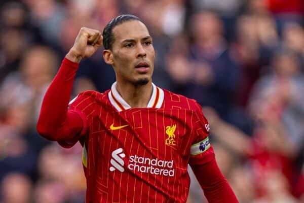  Liverpool's goalkeeper captain Virgil van Dijk celebrates after the FA Premier League match between Liverpool FC and Southampton FC at Anfield. (Photo by David Rawcliffe/Propaganda)