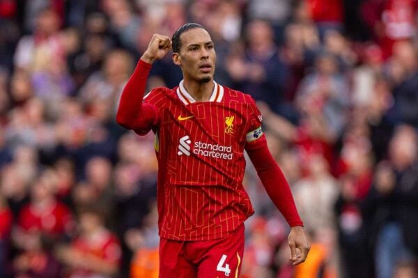 LIVERPOOL, ENGLAND - Saturday, March 8, 2025: Liverpool's goalkeeper captain Virgil van Dijk celebrates after the FA Premier League match between Liverpool FC and Southampton FC at Anfield. (Photo by David Rawcliffe/Propaganda)