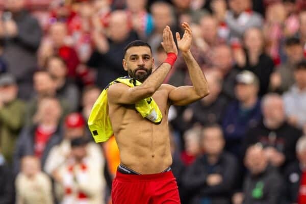  Liverpool's Mohamed Salah celebrates after the FA Premier League match between Liverpool FC and Southampton FC at Anfield. (Photo by David Rawcliffe/Propaganda)