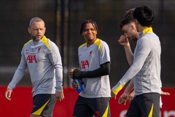 LIVERPOOL, ENGLAND - Monday, March 10, 2025: Liverpool's Jay Spearing and Rio Ngumoha (R) during a training session at the AXA Training Centre ahead of the UEFA Champions League Round of 16 2nd Leg match between Liverpool FC and Paris Saint-Germain. (Photo by David Rawcliffe/Propaganda)